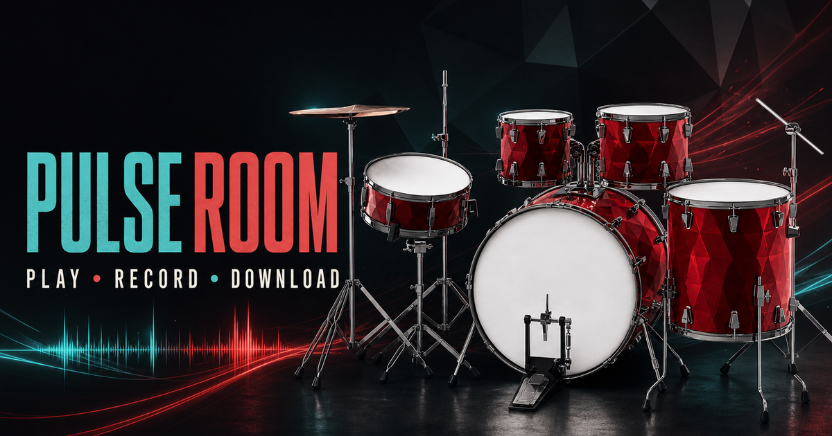 Virtual Drums Online with a realistic acoustic kit, labeled keyboard shortcuts, sound banks, and recording controls
