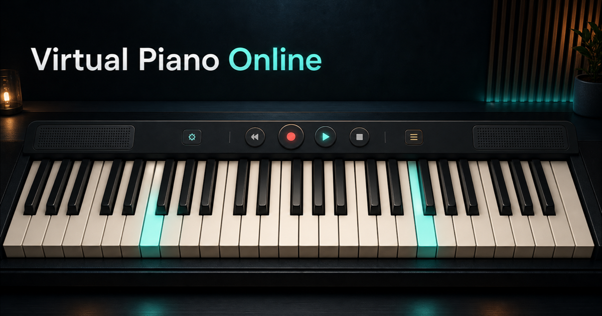 Virtual Piano Online with sampled keys, note labels, recording controls, and a dark studio interface