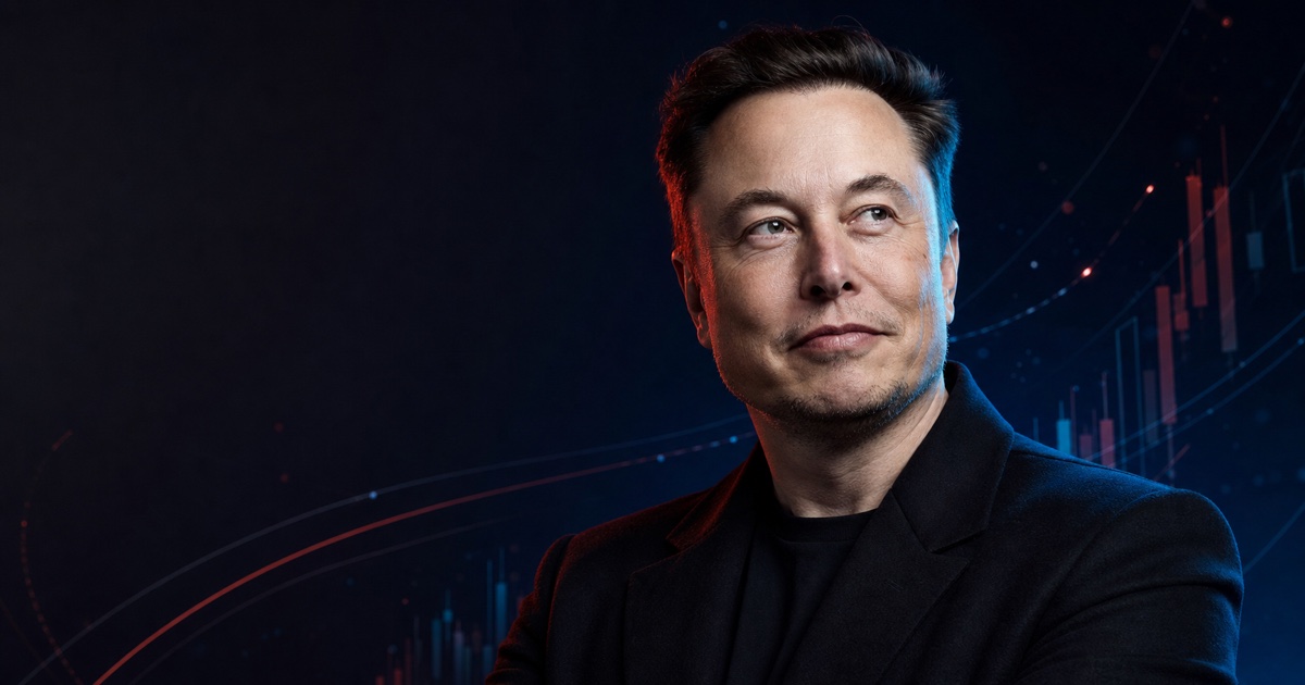 Editorial portrait of Elon Musk against a futuristic financial backdrop