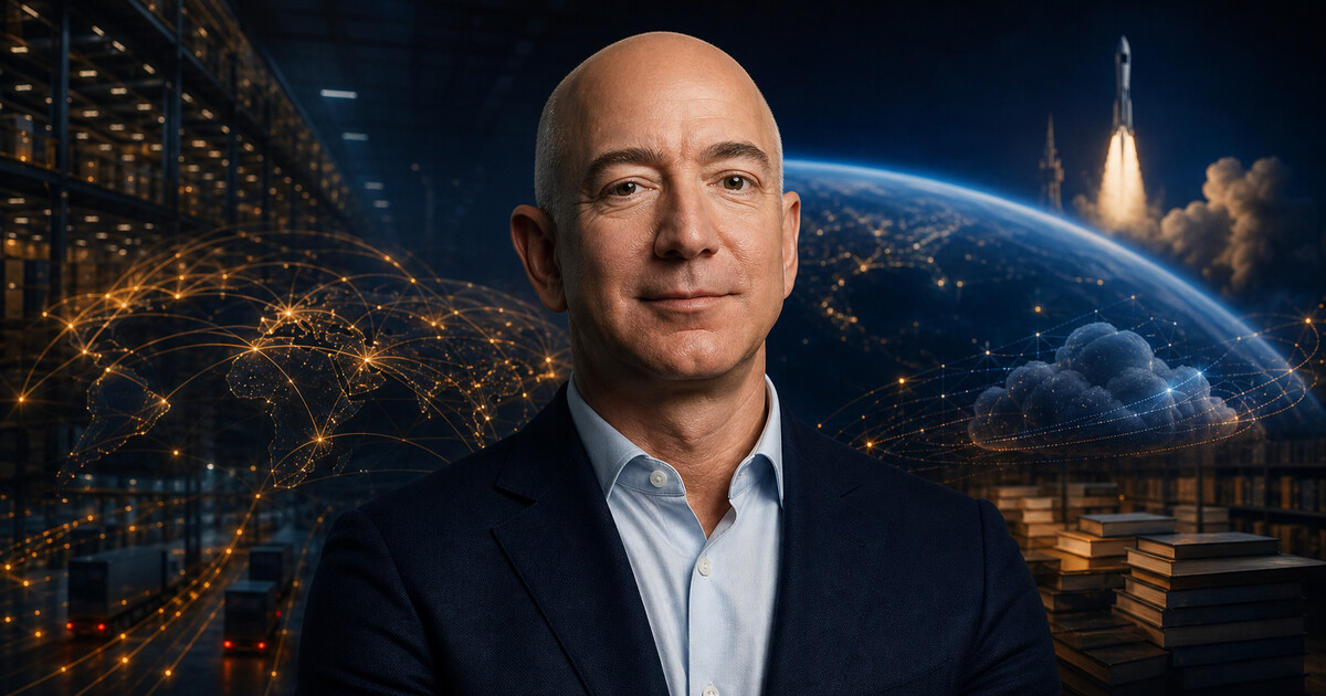 Editorial portrait of Jeff Bezos with commerce, cloud, books, and space imagery