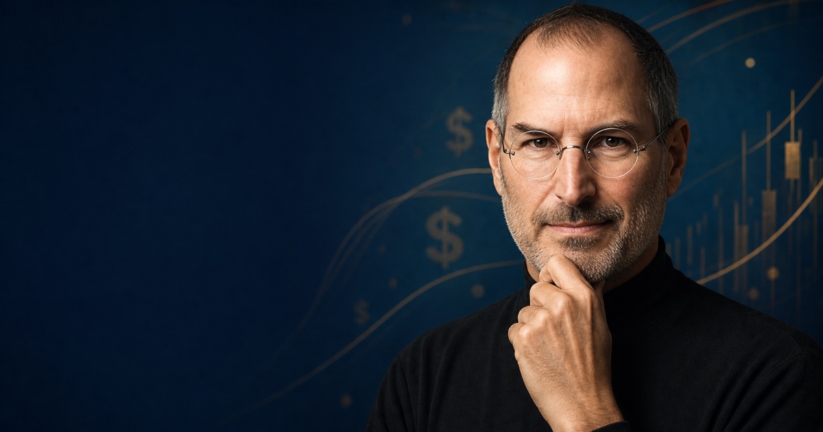 Editorial portrait of Steve Jobs against a dark financial backdrop