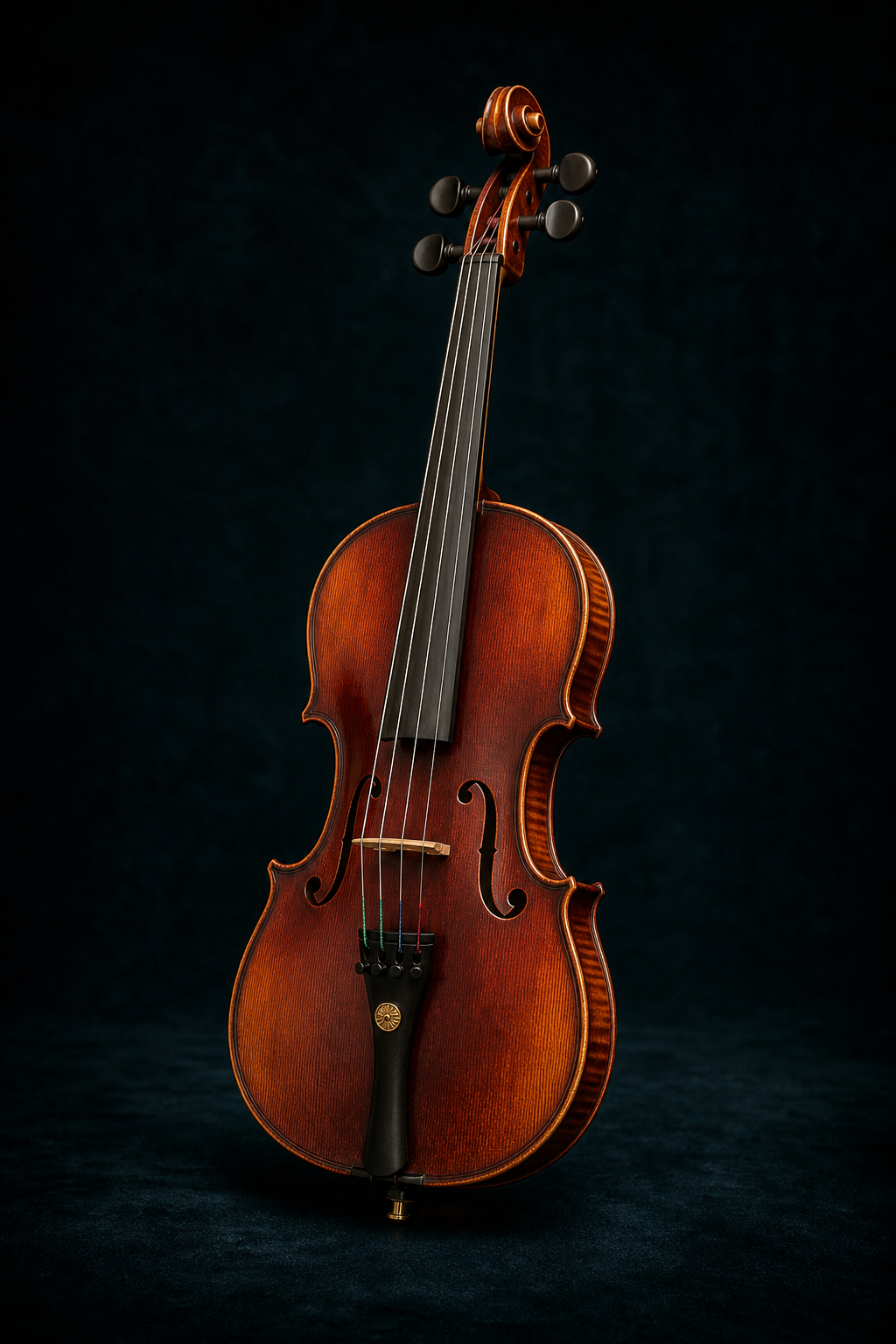 An original oxblood and amber artisan violin in a dark studio